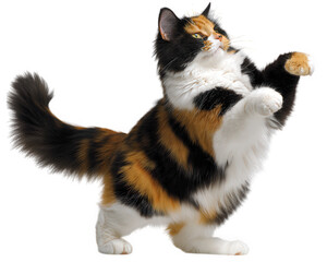 Obraz premium Fluffy calico cat with white, orange, and black fur is standing on its hind legs with front paws raised, showing playful and curious behavior