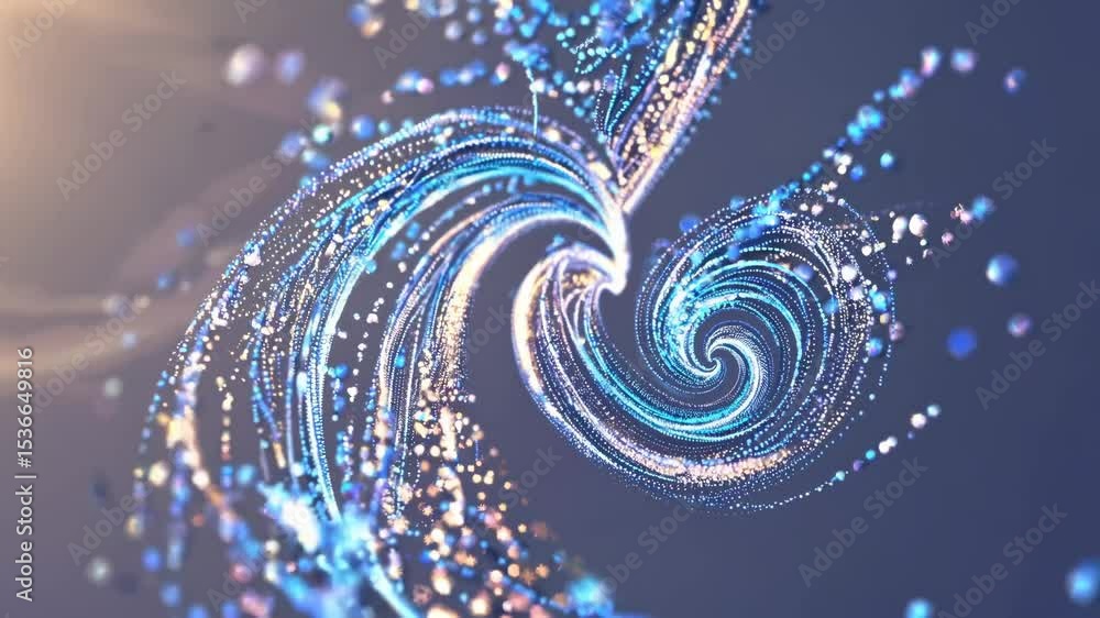 Poster creating an abstract background filled with glowing particles, swirling and rotating into a captivat