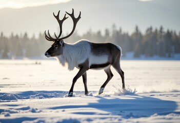 A majestic reindeer walking through a snowy landscape in winter