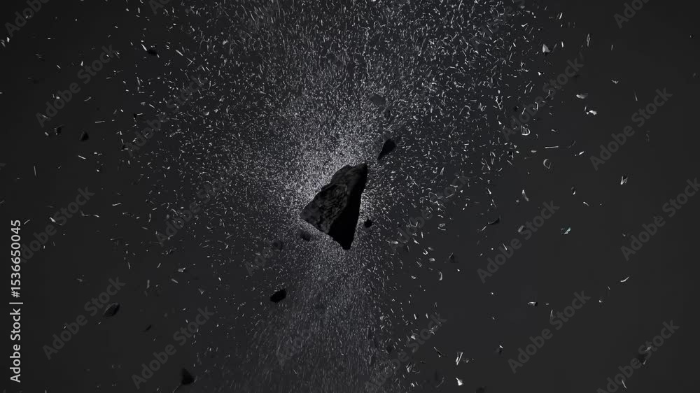 Poster asteroid exploding in the vastness of space, fragments scattering and glowing dust particles creatin