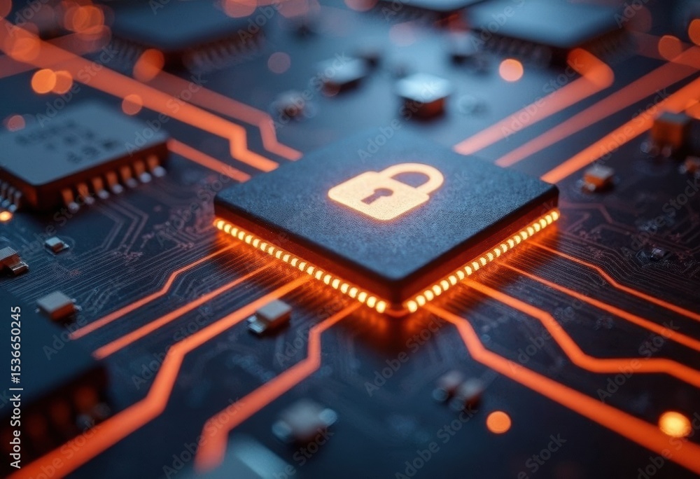 Poster close-up of a microchip with a glowing padlock symbol representing cybersecurity