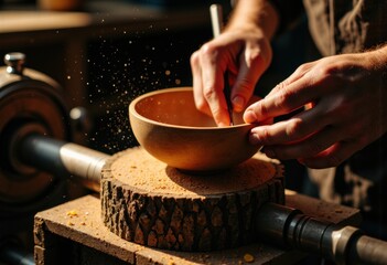 Skilled artisan carving a wooden bowl on a lathe machine in a workshop setting