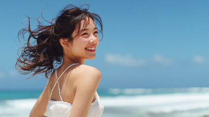 Joyful Woman in White Dress Turning Back on Sunny Tropical Beach
