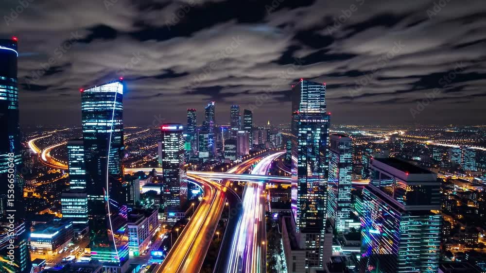 Poster light trails illuminating the busy highway traffic flowing through the heart of a modern city at nig
