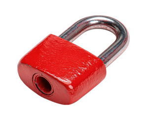 Red padlock with metal shackle isolated on transparency background, symbolizing security and protection with shiny textured surface and sturdy design