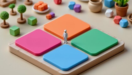 Colorful game board with a small figure and playful elements around.