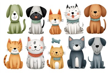 Fototapeta premium Adorable cats and dogs sitting and showing their sweetness