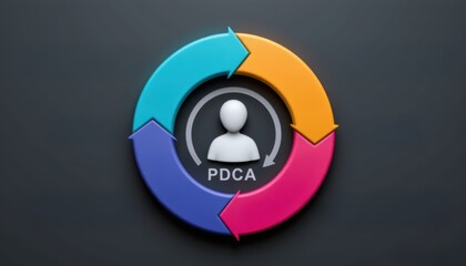 PDCA Plan do check action concept, Circular PDCA cycle graphic with arrows and a person icon.