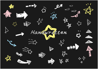 手描きのゆるいチョーク風イラスト　Hand-drawn Chalk-style Arrows and Stars on Black Background