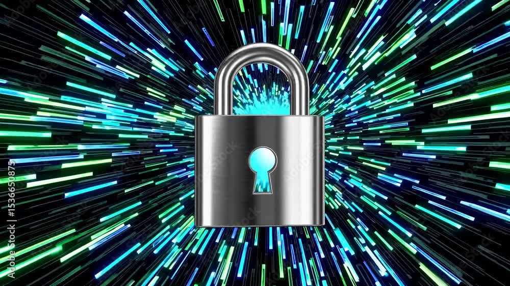 Poster silver padlock securing digital information, with binary code streaming in background, symbolizes cy