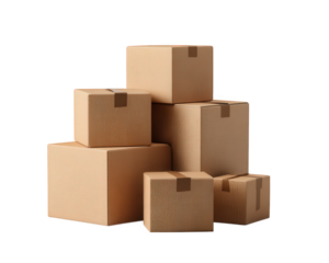 Stacked cardboard boxes isolated on transparency background, packaging container for shipping or storage, simple brown carton with tape, organized and ready for delivery or moving