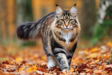 Majestic maine coon cat walking on autumn leaves in forest