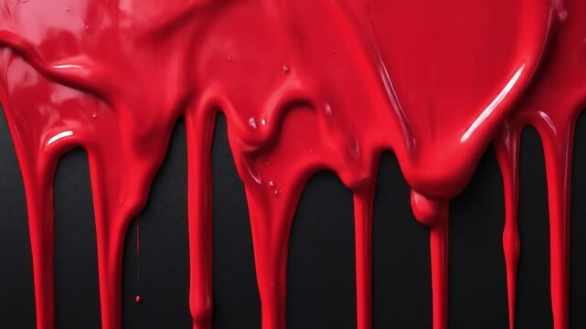 Slow motion close-up of vibrant red liquid paint or glossy fluid dripping and flowing downward on a matte black background