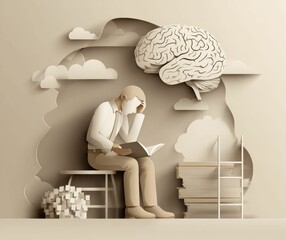 Figure, holding book and looking at cloud, embodies connection between education and mental growth, while ladder symbolizes journey toward higher knowledge.