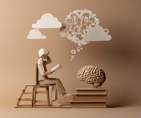 Figure, holding book and looking at cloud, embodies connection between education and mental growth, while ladder symbolizes journey toward higher knowledge.