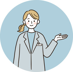 Friendly female doctor in lab coat explaining medical information, healthcare professional character illustration, hand drawn style, blue circle background, isolated vector design