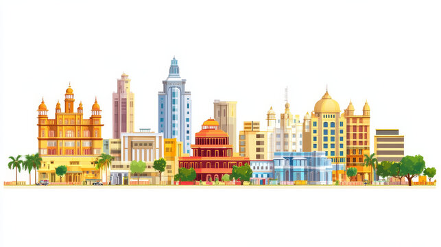 A vibrant vector illustration of Patna, India&rsquo;s city skyline, featuring colorful buildings and iconic landmarks set against a clean white background. 