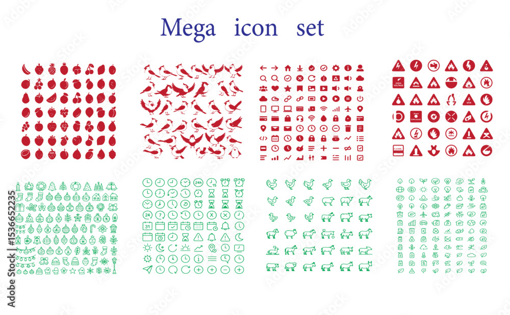 Poster a mega icon set featuring various shapes and symbols arranged in grids on a white background with re