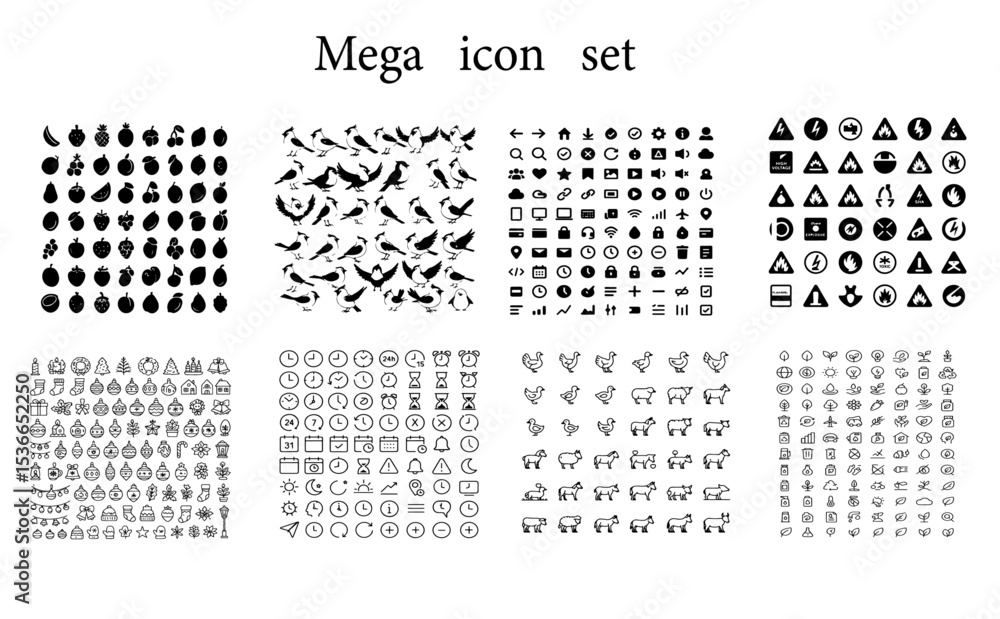 Poster a mega icon set featuring various shapes and symbols arranged in organized grids and patterns on whi