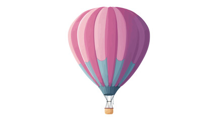 Naklejka premium A digital illustration of a hot air balloon. The balloon is predominantly pink and purple with vertical stripes, accented with blue at the bottom. The balloon is depicted against a solid white
