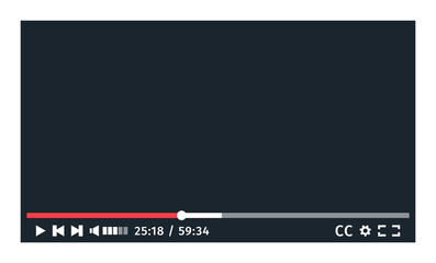Video Player mockup for Smart TV dark theme. Media ui black interface template for web and apps. Screen with Play stop next progress bar subtitles settings full screen volume buttons