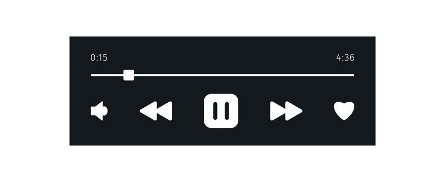 Music Player user interface dark theme. Audio media app widget with song duration bar. Modern UI display element for podcast with pause, play, skip, favorite, volume Buttons. Playback screen mockup. - Powered by Adobe