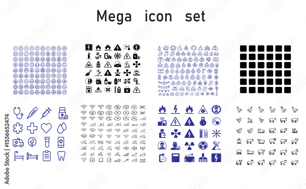 Poster a mega icon set featuring various symbols and designs arranged in a grid pattern on a white backgrou