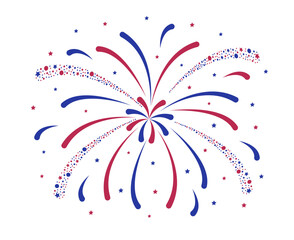 Colorful red blue Firework isolated on white background. Flat style explosion for decorating poster banner invitation card for holiday anniversary party new year birthday posters. USA flag colors.