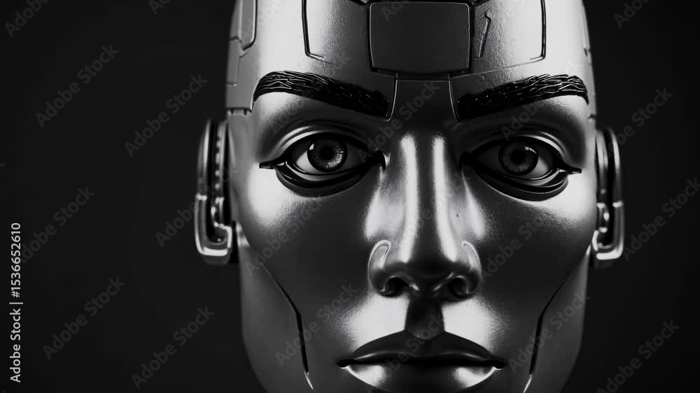 Poster close-up of a futuristic, metallic robot face featuring detailed eyes and eyebrows, evoking themes o