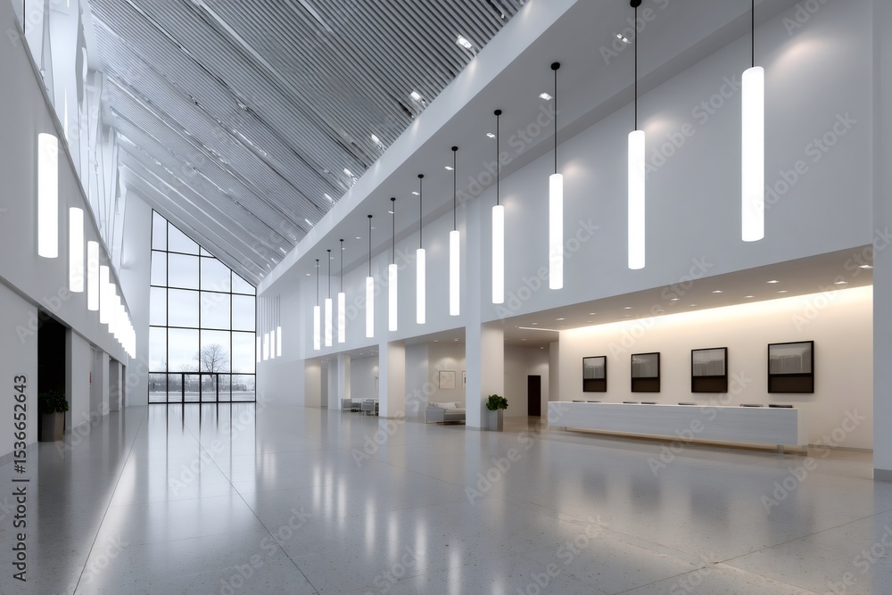 Poster modern building lobby interior with minimalist design and large windows