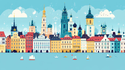 Naklejka premium A flat vector illustration of Poznań, Poland, designed in a minimalist line-art style. This cityscape highlights Poznań’s most famous landmarks, such as the Renaissance-style Town Hall