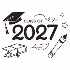 Class of 2027 graduation design with cap diploma pencil stars