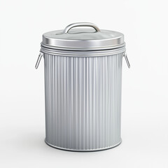 Metal Trash Can with Lid – Classic Silver Garbage Bin Isolated on White