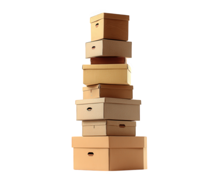 Stacked cardboard boxes in various sizes and shades of brown isolated on transparency background, symbolizing storage, organization, or moving with neat and orderly appearance