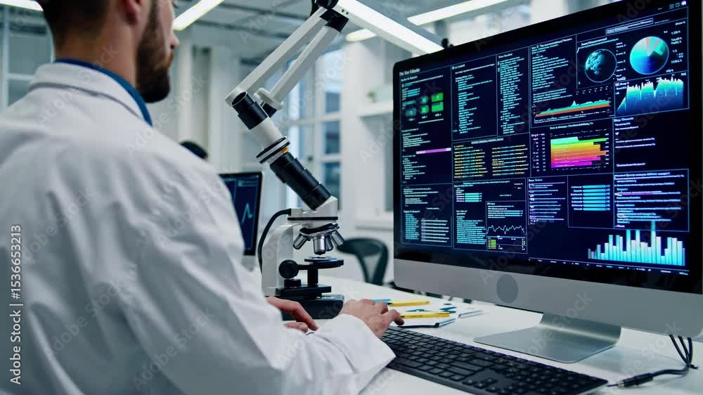 Poster medical research scientists analyzing extensive data and intricate charts on computer screens while 