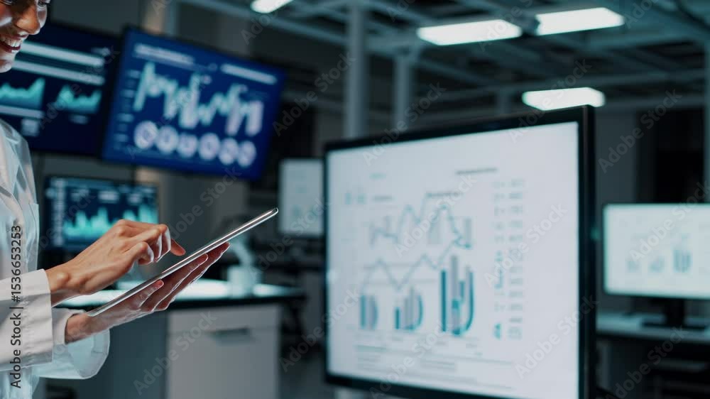 Poster professional female pharmacologist using tablet computer in modern, high tech laboratory, analyzing 
