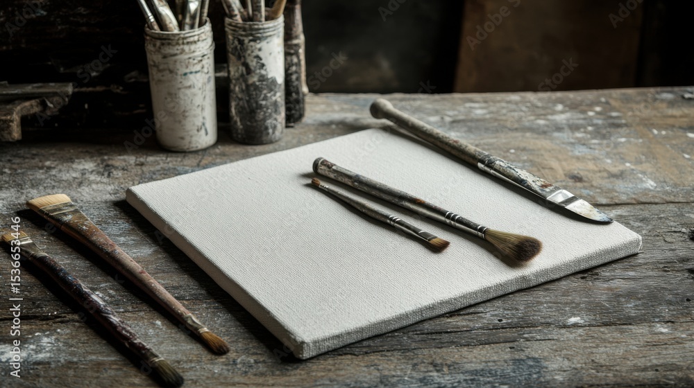 Poster elevated still life featuring a canvas and artistic instruments on rustic surface