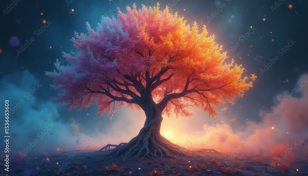 Poster magical tree displaying autumn and spring colors at twilight