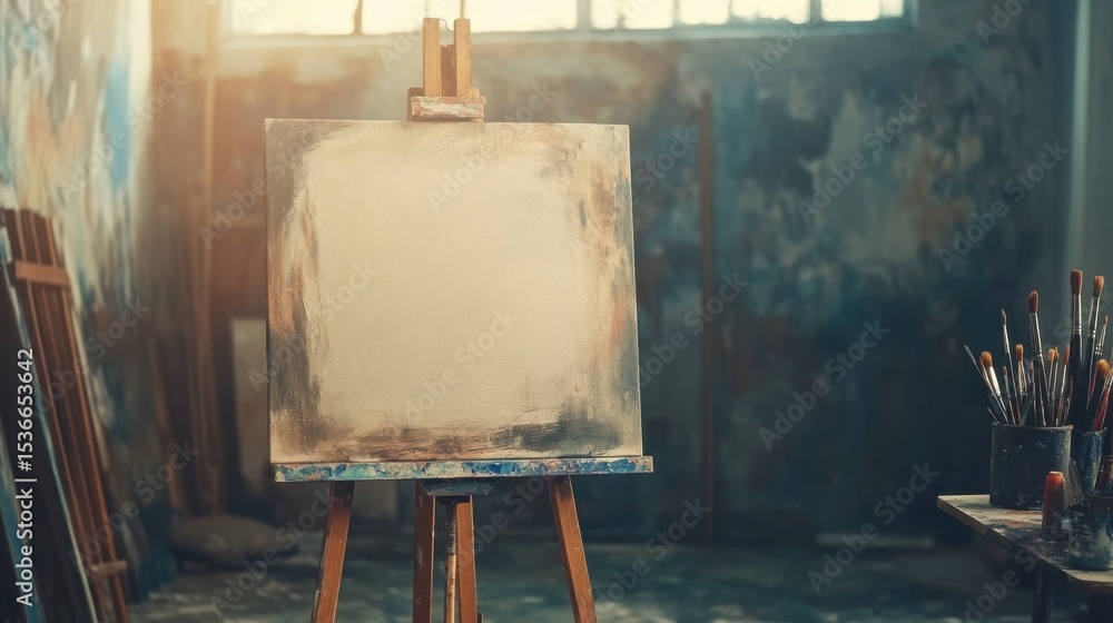 Poster easel with blank canvas in art studio ready for painting session in ambient light