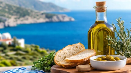 Mediterranean diet, olive oil, bread, olives, herbs overlooking coastline