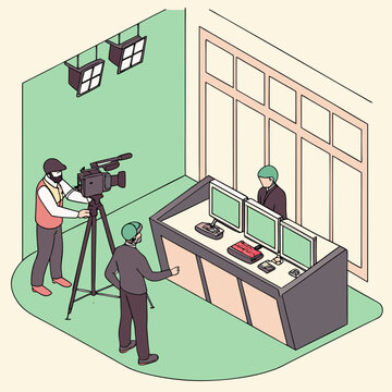 Three people filming in a modern broadcasting studio setting  