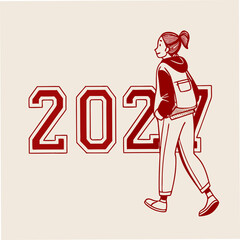Stylish girl walking past 2027 year number design element