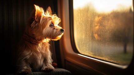 Yorkshire Terrier looking out window on train during sunset