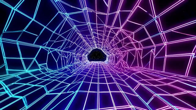 Glowing retro neon cyber tunnel racing through the depths of space, illuminated by vibrant blue and purple lights, creates a mesmerizing abstract scene reminiscent of 80s synthwave aesthetics - Powered by Adobe