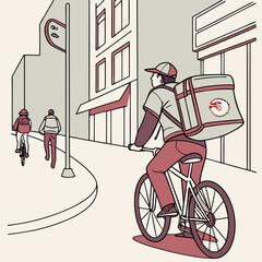Bike courier delivering food on urban street in modern cityscape  