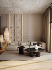 Simple classic minimalism interior livingroom with wall panels, lamp, ceiling lighting and sofa. High quality 3d illustration. 3D Illustration
