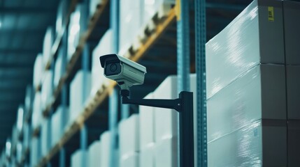 Security camera monitoring stacked boxes in warehouse during daytime