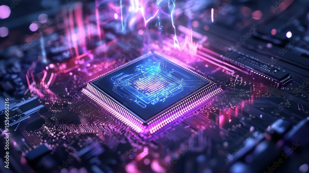 Aufkleber glowing computer chip on circuit board in futuristic setting