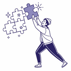 Person placing final puzzle piece completing solution success