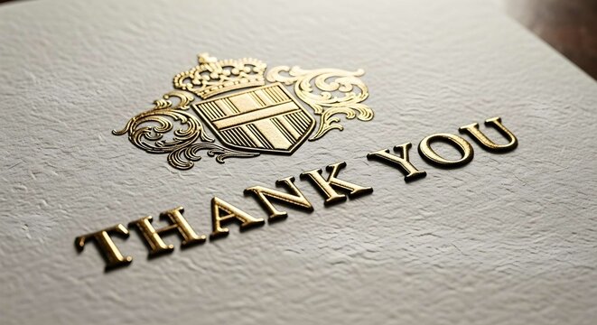 Gold foil embossed "Thank you" lettering with a coat of arms on textured paper. Gratitude message for appreciation and elegant stationery design.